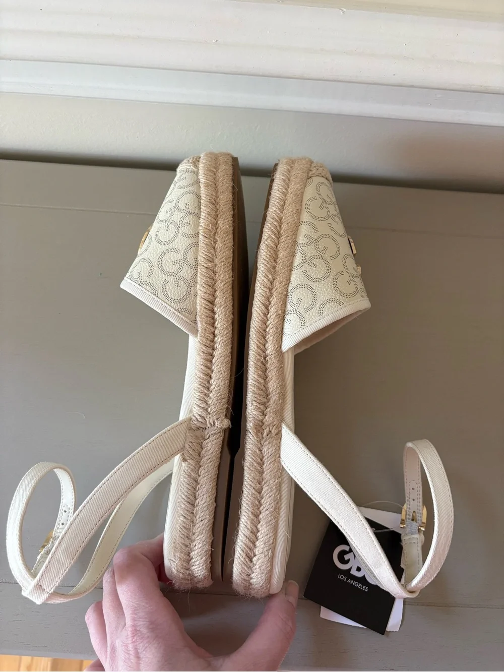 GBG Los Angeles Cream Espadrille Wedge Sandals with Gold G Emblem